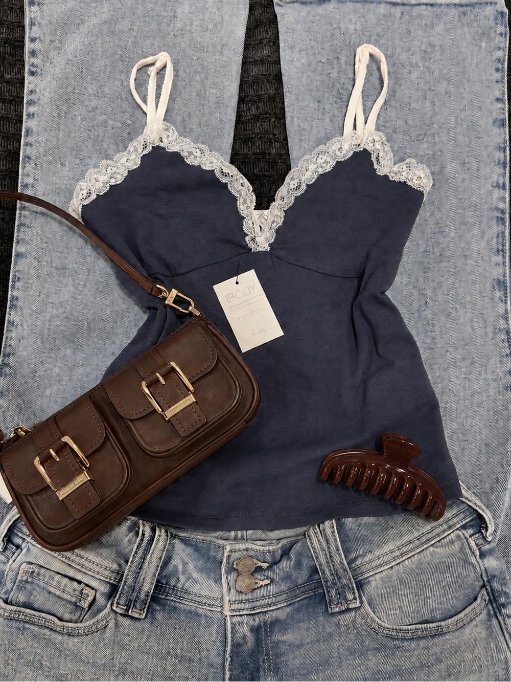 Y2K/2000s-inspired Navy Lace-Trim Cami